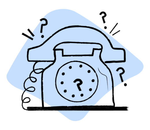 An illustration of an old-fashioned telephone with question marks around it