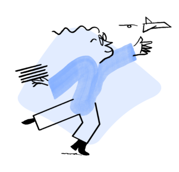 An illustration of Quinn leaning forward, setting a paper plane in motion