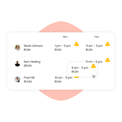 Employee shift schedule showing shifts with alert icons indicating potential conflicts or issues