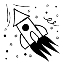 An illustration of a rocket ship with small sparkles around it